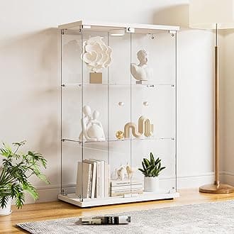 Glass Display Cabinet 3-Shelf with Door, Locking, 12-Color LED Push Lights with Remote Control,5mm Tempered Glass Floor-to-Ceiling Glass Bookcase for Bedroom, Living Room, White