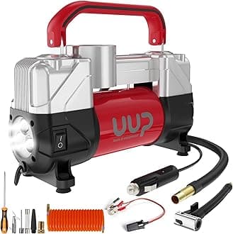 UUP Tire Inflator Air Compressor, 150PSI 12V DC Double Cylinders Heavy Duty Portable Air Pump w/Emergency LED Light for Truck, SUV, Car, RV (red)