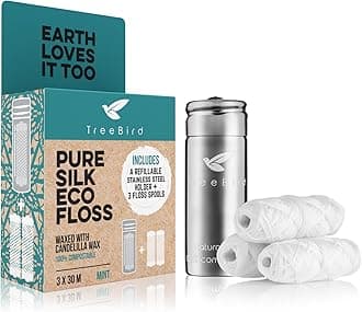 Pure Silk Eco Floss Kit - Refillable Floss Dispenser (Stainless Steel) + 3×33 yd Silk Refills | Waxed with Candelilla Wax | Mint
