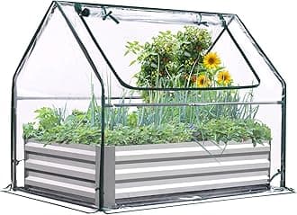 Quictent Galvanized Raised Garden Bed with Cover Metal Planter Box Kit, w/ 2 Large Screen Windows Mini Greenhouse 20pcs T Tags 1 Pair of Gloves Included Outdoor Growing Vegetables