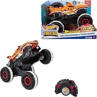 Monster Trucks Remote Control Car, Unstoppable Tiger Shark with Tread Attack Tires and Terrain Stomp Technology, 1:15 Scale, Toys for Ages 4 and Up, HGV87