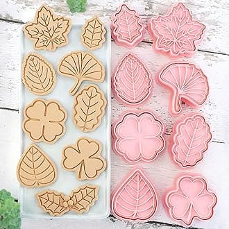 8 Piece Leaf Cookie Cutter Set, Autumn Shapes for Baking, Maple, Oak, Holly, Shamrock, Ginkgo, 4 leaf Clover Embossed Biscuit Cutters Molds for Fall, Thanksgiving, Holiday & Party Treats (Fall)