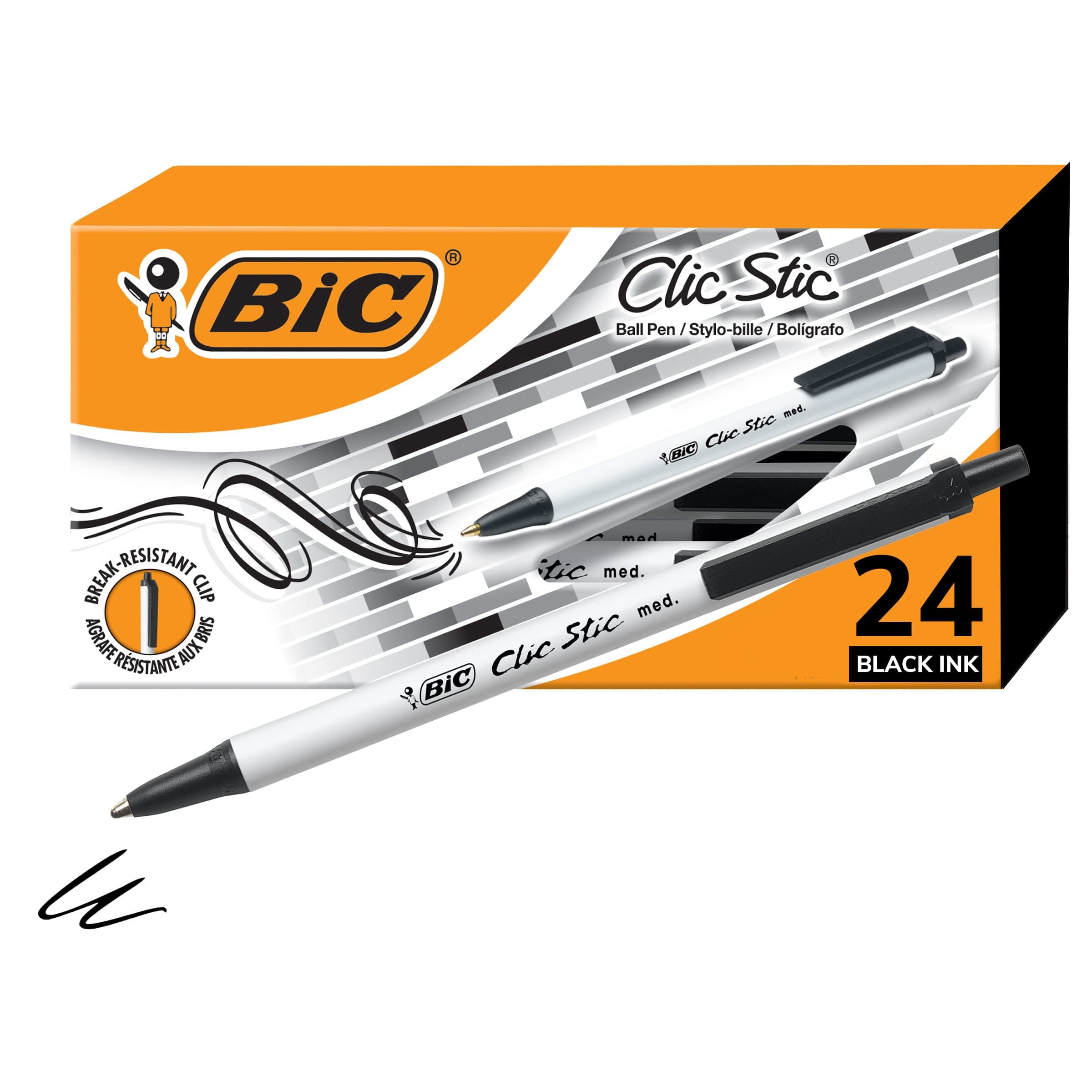 Clic Stic Black Retractable Ballpoint Pens, Medium Point (1.0mm), 24-Count Pack, Round Barrel Design for Comfortable Writing