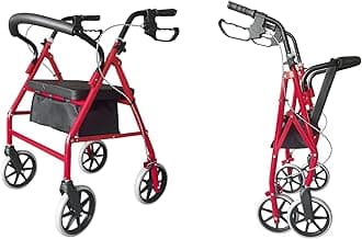 Folding Four Wheel Rollator, Lightweight Mobility Walker with Seat & Carry Bag, Mobility Aid for Elderly Disabled (Red)