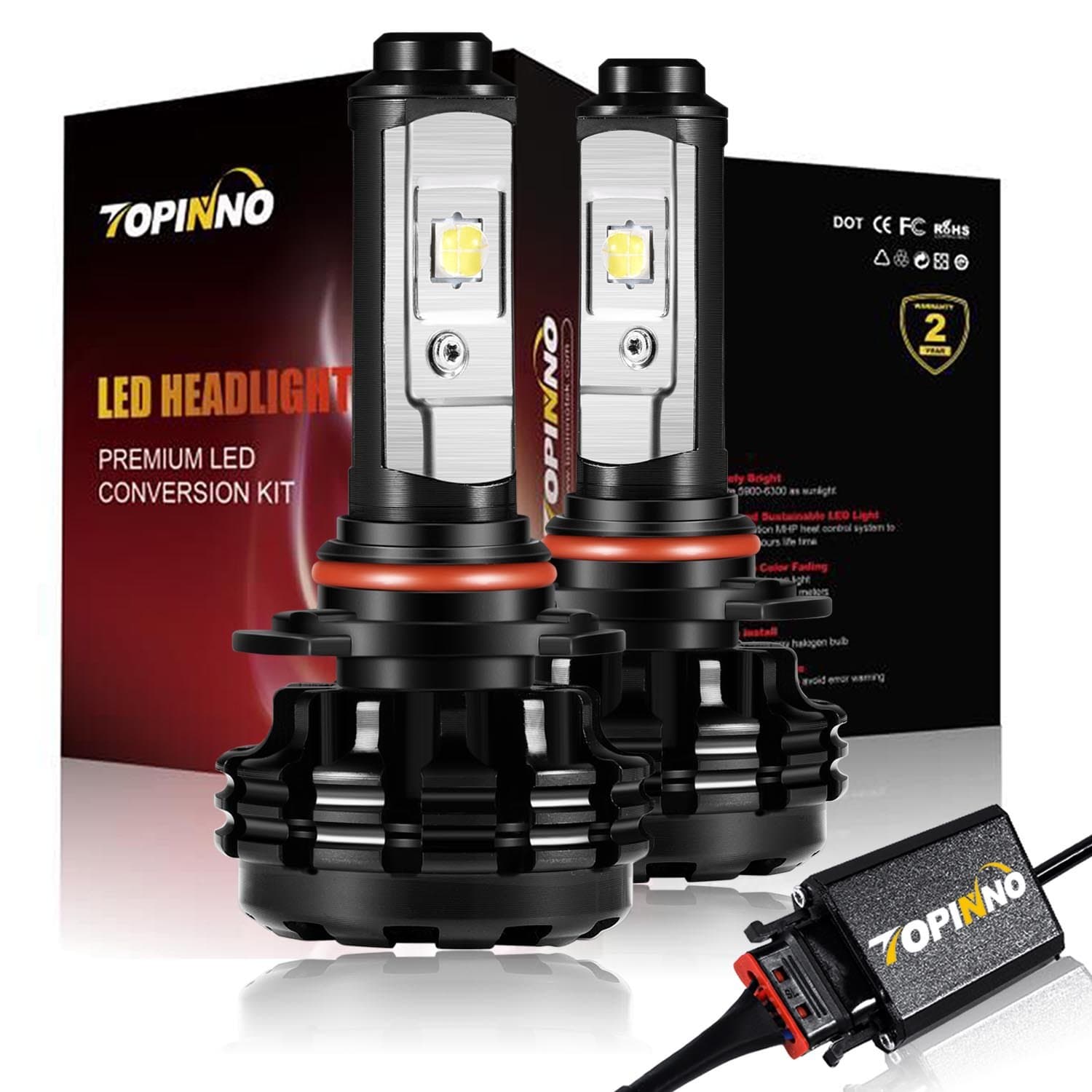 TOPINNO LED Headlight Bulbs Conversion Kit, Extremely Bright CREE XHP50 10000LM, 9005(HB3) - 6000K Xenon White Headlight Assembly