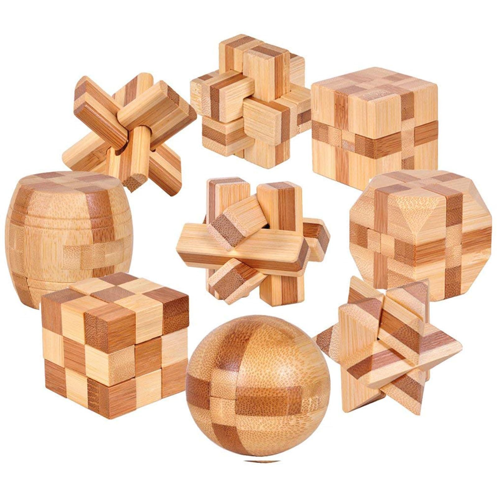 – 9pcs Wooden Blocks Brain Teaser Puzzles Set 3D Interlocking Wood Jigsaw Games - Ideal Mind Toys and Gift for Kids and Teens