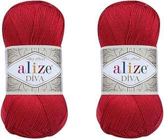Alize Diva Hand Knitting Yarn - 100% Microfiber Acrylic With Silk Effect - Crochet Art Lace Craft - 2 Skeins, 200gr, 767 Yds (106-Red)