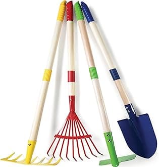 Kids Garden Tool Set Toy 4-Piece - Shovel, Rake, Hoe, Leaf Rake, Wooden Gardening Tools for Kids Best Outdoor Toys Gift for Boys and Girls