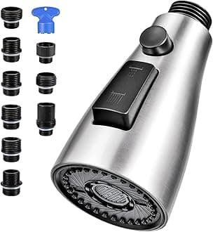 Kitchen Faucet Head Replacement, 3 Function Pull Down Spray Head with 9 Adapters, Kitchen Sink Faucet Head Compatible with American Standard, Moen Faucets, Brushed Nickel (Brushed Nickel)
