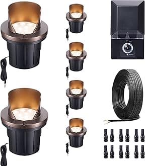 LED Well Light Kit, 6 Pack In Ground Landscape Lights and 100W Transformer and 100FT Cable and 30 Wire Connectors, 12V IP67 Waterproof, No Glare Wired Aluminum for Pathway Lawn 6W 420LM