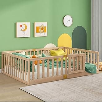 Tatub Full Montessori Floor Bed with High Rails, Solid Wood Montessori Bed Frame for Kids, Door Can Install Left and Right, Full-Nature
