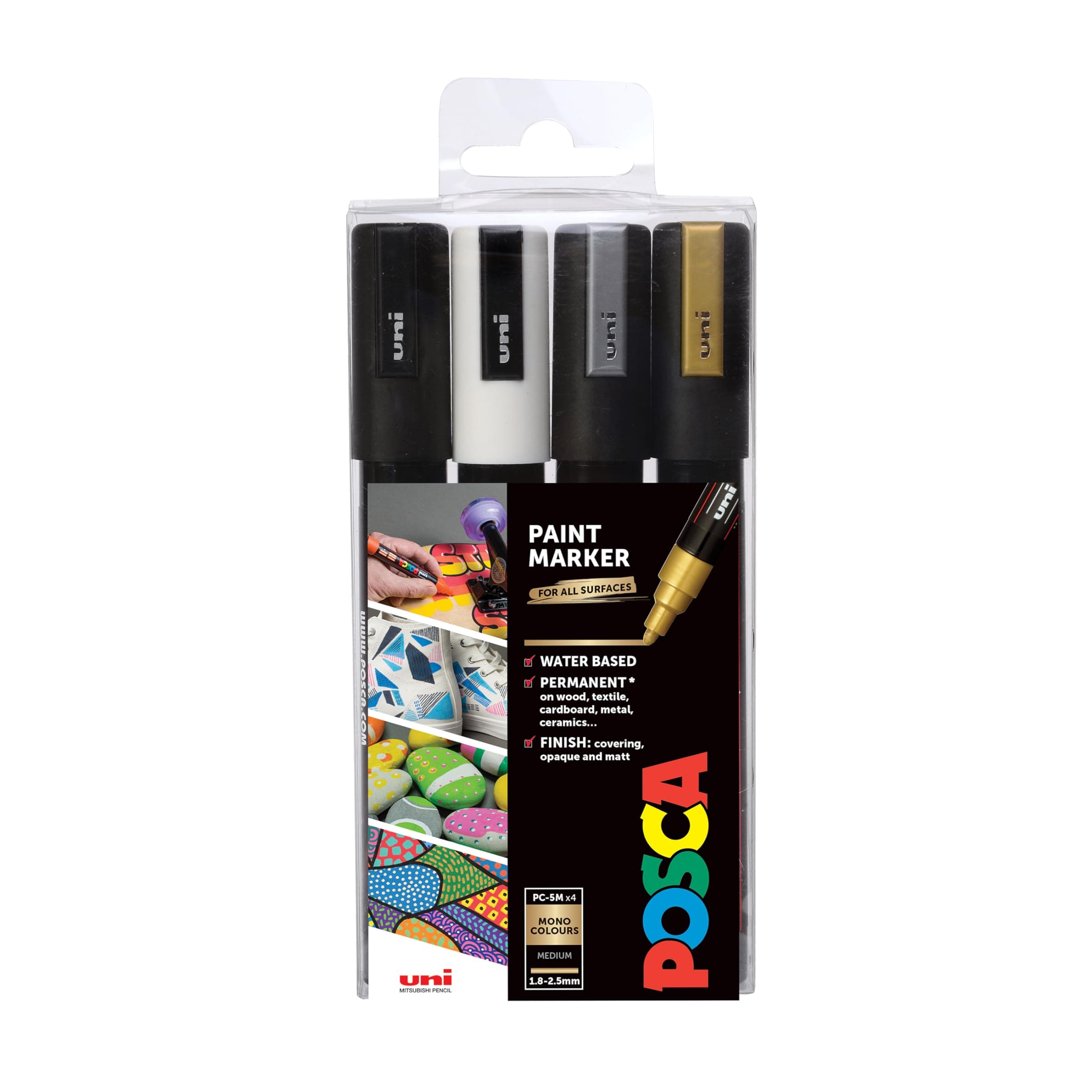 uni POSCA PC-5M Water-Based Paint Markers, Reversible Medium Tip (1.8-2.5mm), Assorted Colors, 4 Pack