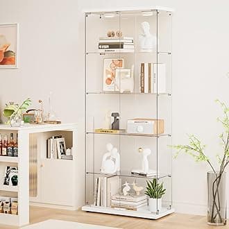 Glass Display Cabinet 5-Shelf with Door, Locking, 12-Color LED Push Lights with Remote Control,4mm Tempered Glass Floor-to-Ceiling Bookcase for Bedroom, Living Room, White