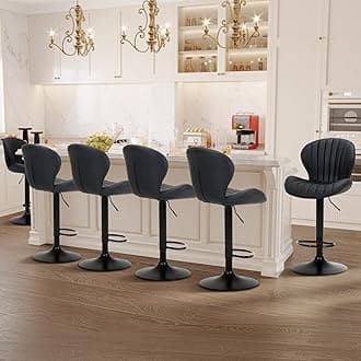 COLAMY Bar Stools Set of 6, Modern Swivel Bar Chairs, Adjustable Faux Leather Upholstered Barstools Counter Height with High Backrest for Bar, Kitchen Island, Dining Room, Black