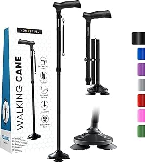HONEYBULL Walking Cane for Men & Women - Foldable, Adjustable, Collapsible, Free Standing Cane, Pivot Tip, Heavy Duty, with Travel Bag | Walking Sticks, Folding Canes for Seniors & Adults