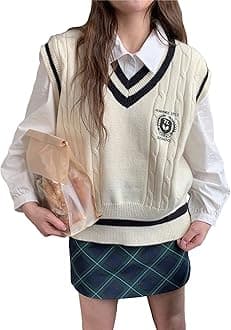 SweatyRocks Women's Striped Cable Knit Sleeveless V Neck Sweater Vest Uniform Pullover Sweater Tank Tops