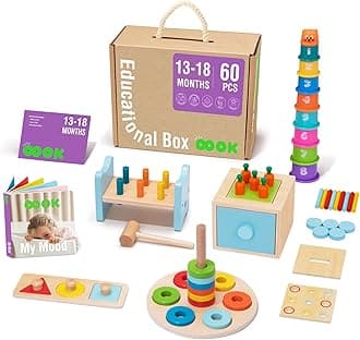 TOOKYLAND Montessori Toys for 1 2 3 Year Old, 8 in 1 Learning Educational Set Wooden Toys (Includes Stacking Cups, 3 in 1 Educational Box, Pound Bench, Shape Puzzle and More)…