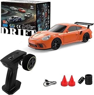 – 1/43 Drift RC Car, Drifty Boyz RC Mini Car for Adults High Speed, Throttle & Steering Full Proportional Control, RTR 2.4Ghz Remote, Simulate LED Car Light, 2 Sets of Tires, 8 Road Cones (Orange)