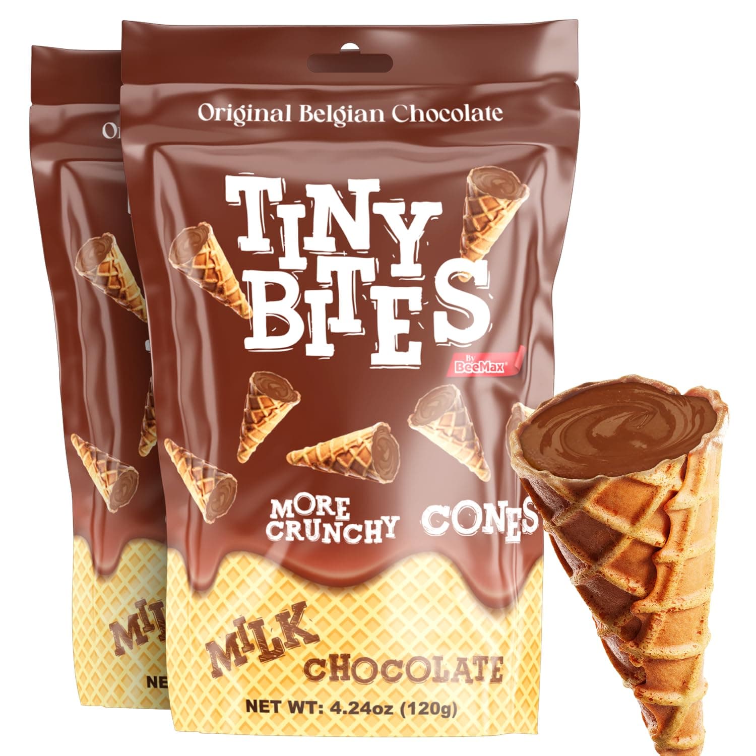 BeeMax Tiny Bites Milk Chocolate Mini Waffle Cones - 4.24 oz Bag (Pack of 2) - Crispy Waffle Cones Filled with Belgian Milk Chocolate - Bite-Sized Snacks for Parties, Lunchboxes & Dessert Boards
