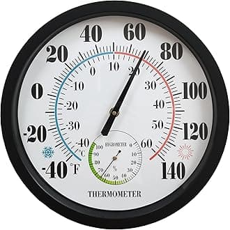 Indoor Outdoor Thermometer Large Numbers 12 Inch Wall Weather Thermometer Hanging Garden Decor Hygrometer No Battery Needed (Black)