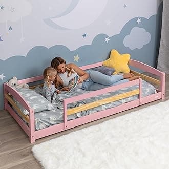 Ocodile Twin Floor Bed with Safety Guardrails for Kids, Montessori Inspired with Rails and 2 Openings, Twin Size Bed Frame for Girls and Boys - Pink