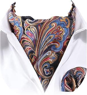 HISDERN Men's Cravat Ascot Ties Paisley Jacquard Woven Floral Luxury Ascot Scarf Tie and Handkerchief Set, C-navy Blue & Orange, One size