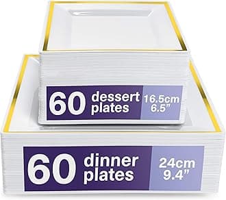 MATANA 120 Premium White Square Plastic Plates with Gold Rim – 60 Dinner (24cm) and 60 Dessert (16.5cm) Plates – Elegant & Reusable Tableware for Weddings, Birthdays, BBQs, Events