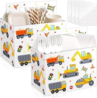 2PCS Construction Utensil Holder Disposable Utensil Caddy for Birthday Party Supplies Cutlery Holder with Handles for Construction Party Favors Decor Cutlery Caddy for Cups Spoons Forks Napkins Plates