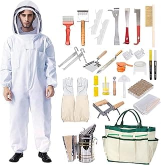 Honey Lake 31Pcs Beekeeping Supplies Starter Kit with Bee Suit – Includes Bee Smoker, Beehive Frame Holder, Frame Grip, Hive Tool, Bee Marking Pen & More Tools for Beginner Beekeepers (XL)