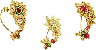 KYOOT JEWELSMedium Size Traditional Maharashtrian Banu Nath Nose ring without piercing Pearl Gold Plated Nath Combo Clip On Nose Ring For Women