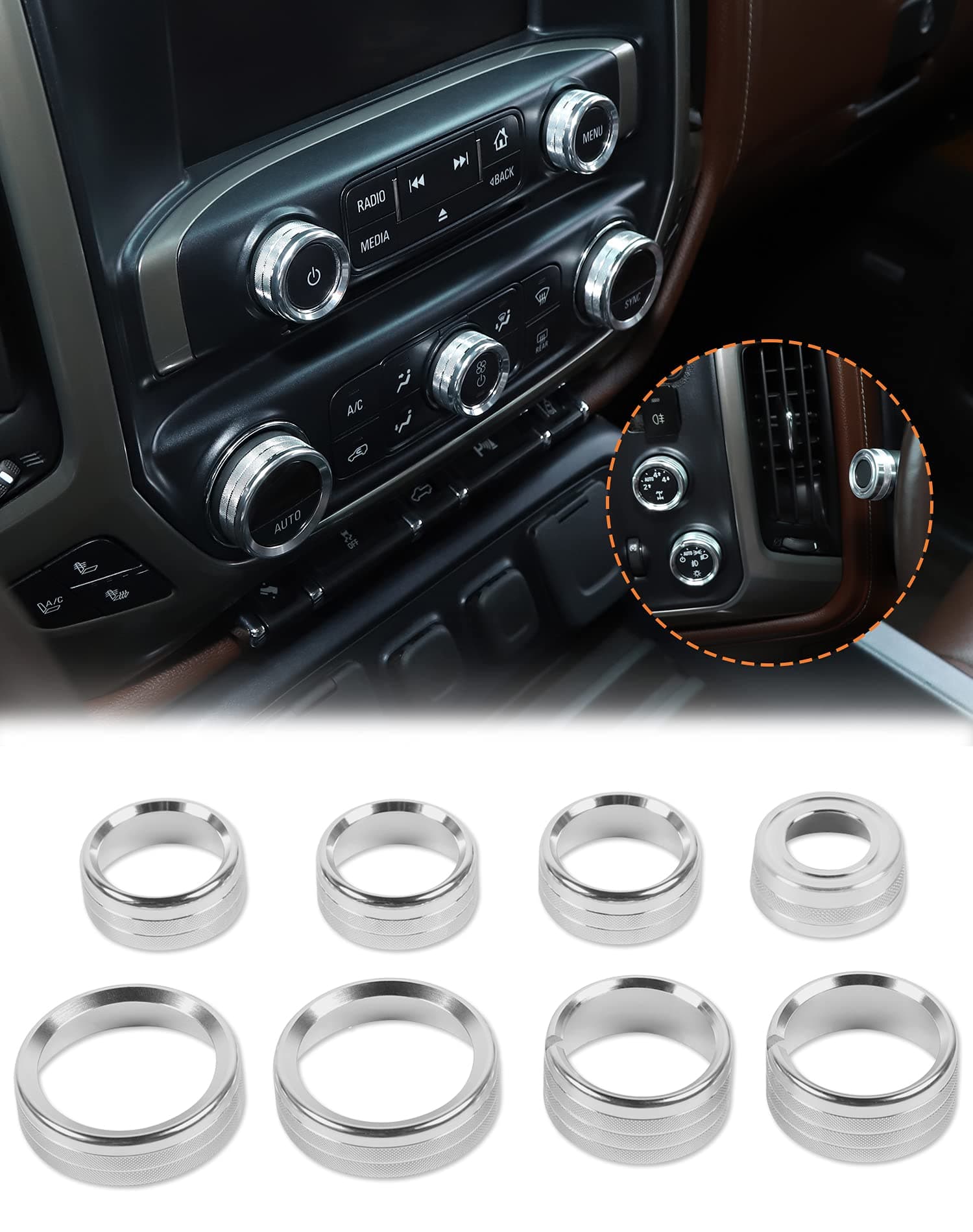 JeCar Center Console Switch Button Trim Air Conditioner Control Knob Cover for Chevy Silverado & GMC Sierra 2014-2018, Silver