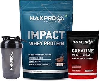 NAKPRO NUTRITION Impact Whey Protein Supplement Powder Combo (1 kg with 100g Creatine & Shaker, Chocolate)