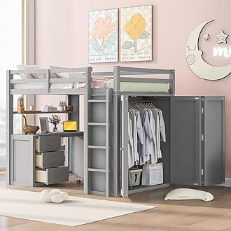 Okak Full Size Loft Bed Multifunctional Full Bed Frame with Desk and Drawers Loft Bunk Bed Over Desk with Ladder and Safety Guardrail,Strong Solid Wood Slats Support,Grey