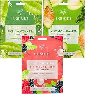 Serum Sheet Mask for Glowing Skin with Hyaluronic Acid | Face Mask Sheets Combo for | Hydrating | Tan & Blackheads Removal | Instant Brightening | Pore Reduction | Fairness | Skin Tightening (3, Rice & Matcha Tea | Avocado & Sea Weed | Collagen & Berries)