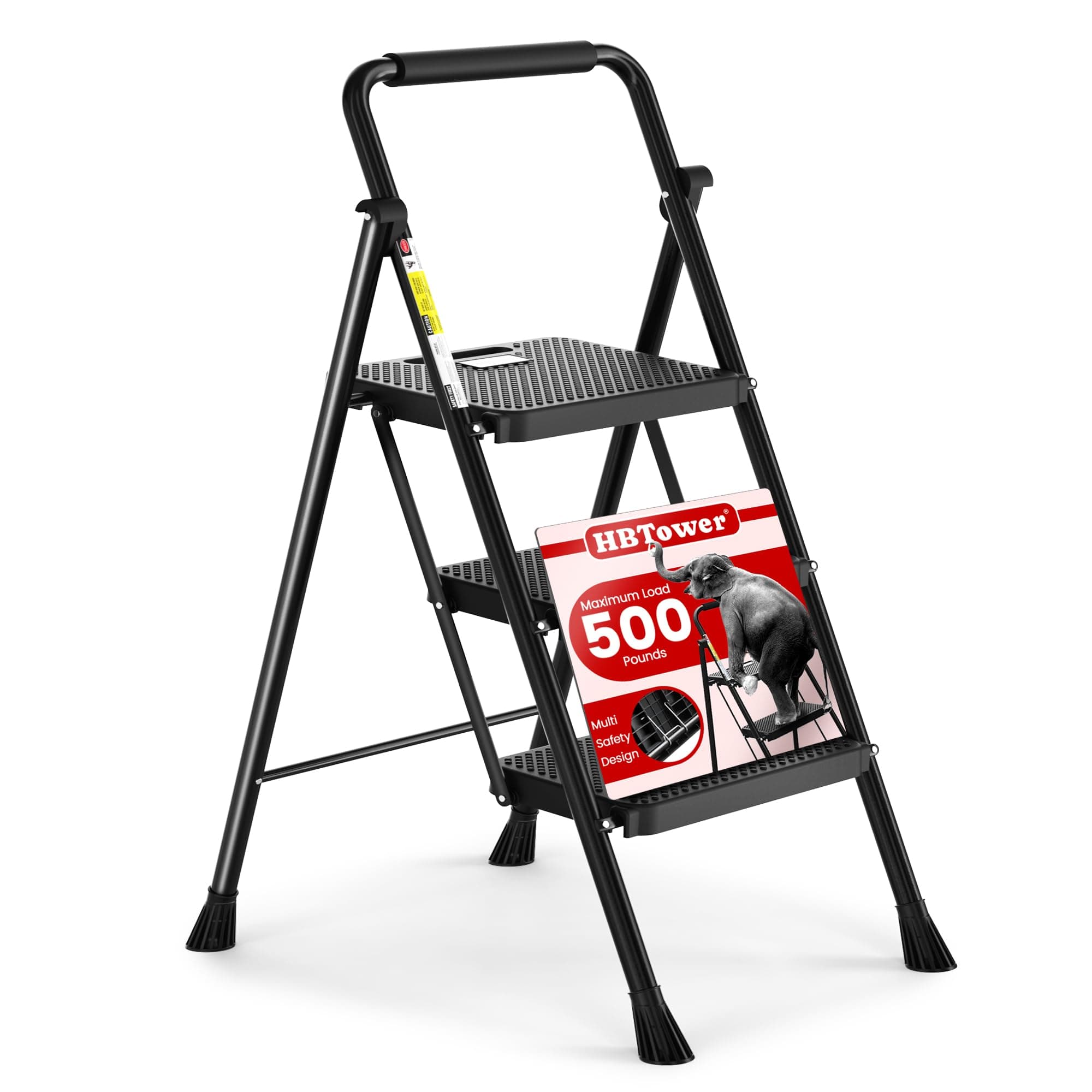3 Step Ladder, Folding Step Stool with Wide Non-Slip Pedal, Sturdy Steel Ladder, Comfortable Handle, Lightweight, Portable Steel Step Stool, Black