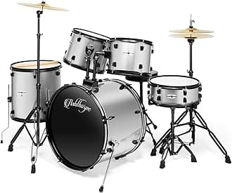 Ashthorpe 5-Piece Complete Full Size Adult Drum Set with Remo Batter Heads - Silver