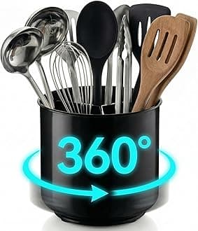 Cooler Kitchen Extra Large and Sturdy Rotating Black Utensil Holder Caddy with No-Tip Weighted Base, Removable Divider, and Gripped Insert | Rust Proof and Dishwasher Safe Kitchen Utensils Holder