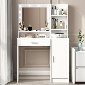 Palimder Vanity Desk with Mirror and Light, Large Drawer and Three Level Storage Dresser, 3 Lighting Modes Adjustable Brightness, Bedroom Dressing Table (White)
