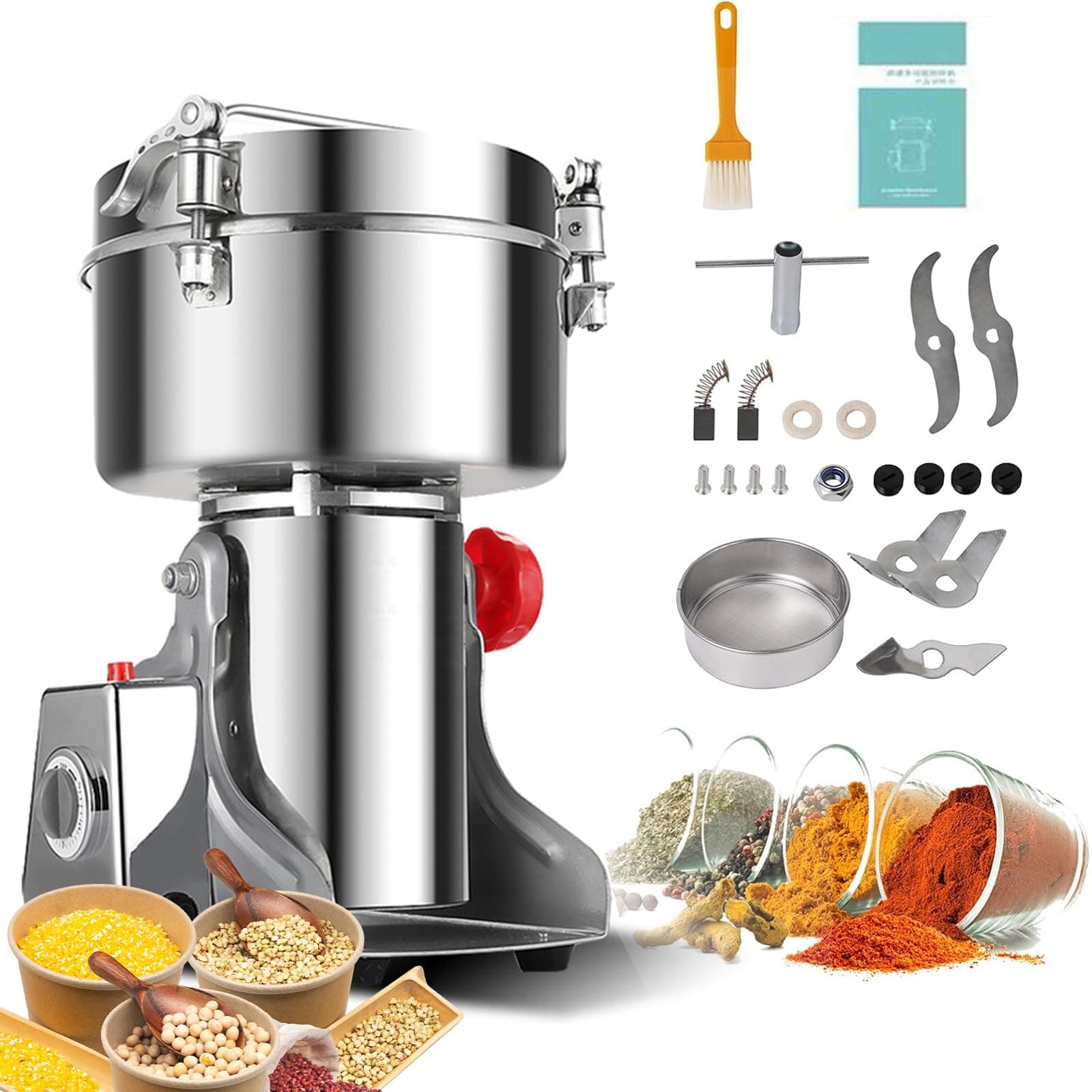 Powerful Corn Grinder,Commercial Grain Mill,with Overload Protection, Open-Cover-Stop,Flour Pulverizer for Dry Spice Herbs/Nut/Coffee/Rice
