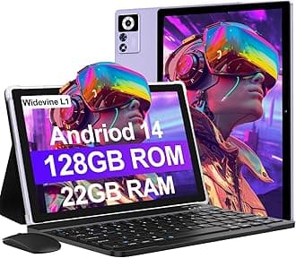 2025 Android 14 Tablet 22GB RAM 128GB ROM 1TB Expand, 10.1 inch 8000mAh Octa-Core Tablet with Keyboard & Mouse, HD IPS Display, 5G Wi-Fi, Bluetooth 5.0, GPS, Widevine L1, Split Screen -Metal Purple
