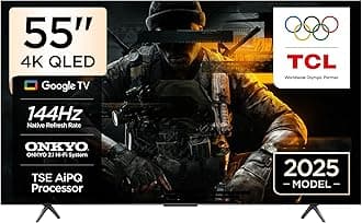 TCL 55T8C Television 55 Inch Smart TV 4K QLED Colorful Quantum Crystal HDR 10+ Gaming Google TV, 144Hz Native Refresh Rate, ONKYO 2.1 Hi-Fi, Dolby Atmos, DTS Virtual X, MEMC, Game Master (2025 Model)