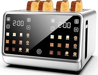 4 Slice Toaster– Dual Digital Smart TouchScreen & Independent Control Panel | Single-Slot Tech, Timer/Reheat/Defrost for Bagels, Bread | 1800W Stainless Steel, 6 Toast Types & Shade Settings