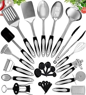 Stainless Steel Kitchen Utensil Set - 25 Cooking Utensils - Nonstick Kitchen Utensils Cookware Set with Spatula - Best Kitchen Gadgets Kitchen Tool Set Gift by HomeHero