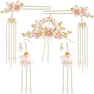 5Pcs Flowers Tassel Hair Pins Set, Crystal Rhinestone Pearl Hair Stick, Chinese Hanfu Traditional Wedding Classical Hair Accessories Earrings Set for Women Girls Updo Long Hair
