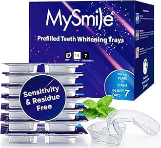 MySmile 7 Treatments Prefilled Teeth Whitening Trays Kit with 12% Hydrogen Peroxide Whiter Gel for Sensitive Tooth, Fast-Result Vegan Teeth Whitener U-Wraps Tooth Stain Remover, Mint Flavor