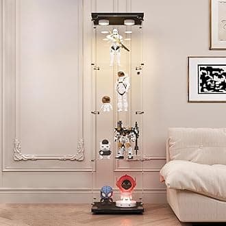 LFT HUIMEI2Y Glass Display Cabinet with LED Lights and Lock, 4-Shelf Curio Cabinets with Door, Tempered Glass Collection Display Showcase for Bedroom, Living Room 65”x 17”x 14.5” Black