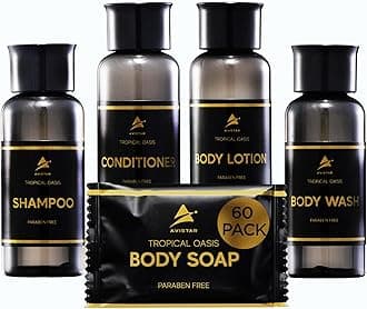 Hotel Guest Soaps for Bathroom, Travel Size Bulk AirBnB Toiletries Set, Supplies for Guests, 60 Pack w/ 60 Shampoo 60 Conditioner 60 Body Wash 60 Lotion 60 Mini Wrapped Soap Bars- 300 Piece Set
