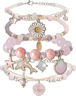 4PCS Beaded Charm Bracelets for Teen Girls Dainty cute cartoon Crystal Beads Pearl Bracelets anklets set for woman and girls Adjustable Stretch bracelet birthday Gift For Friends