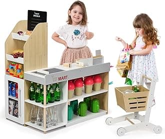 Maxmass Kids Grocery Store, Wooden Toddler Pretend Play Shop with Shopping Trolley, Scanner, Children Role Play Supermarket Set for 3+ Years Old (With Checkout Belt, Cash Register, POS Machine)