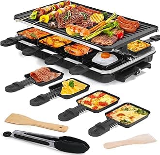 Raclette Table Grill, Electric Grill Korean BBQ Grill Indoor 2 in 1 Electric Griddle Nonstick with 8 Raclette Cheese Pans 1 Tong Adjustable Temperature Control 1300W Ideal for Family and Party Fun